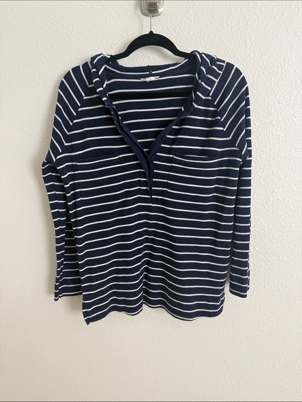 Caslon Navy & White Striped Hooded Henley Pullover